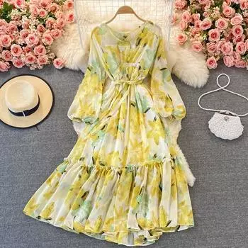 2022 весеннее новое корейское платье в стиле ретро, нежное шифоновое платье со свободной талией и круглым вырезом с цветочным принтом