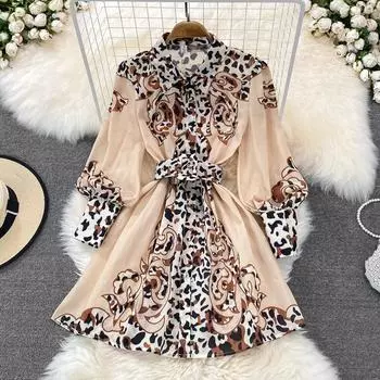 2022 весеннее новое легкое платье в зрелом стиле с тонкими лацканами и застежкой на талию с рукавами-фонариками в стиле знаменитостей S бежевый