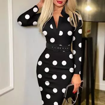 2022 весеннее новое модное женское платье с цифровой печатью, женское сексуальное платье с длинным рукавом и v-образным вырезом, поясом S чёрный