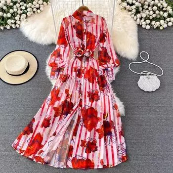 2022 весеннее новое однобортное платье с воротником-стойкой и рукавами-фонариками, элегантное темпераментное длинное платье с большими качелями