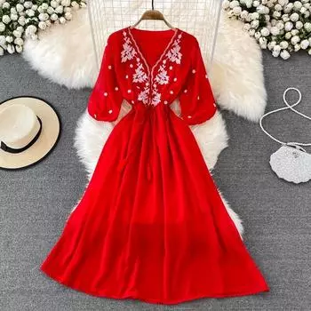 2022 весеннее новое платье в национальном стиле с цветочной вышивкой и v-образным вырезом, морская праздничная пляжная юбка, элегантное длинное платье с большими качелями