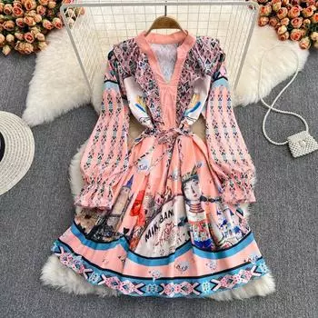 2022 весеннее новое пляжное платье, женское пляжное праздничное платье средней длины с рюшами и v-образным вырезом с принтом