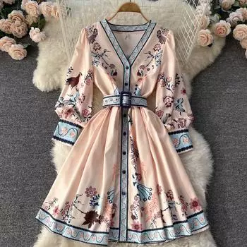 2022 весеннее новое потрясающее платье в дворцовом стиле с винтажным принтом, модное однобортное тонкое короткое платье с v-образным вырезом и талией S розовый