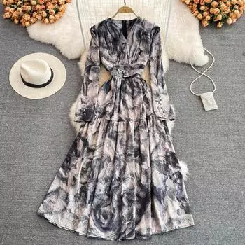 2022 весеннее новое высококачественное платье с v-образным вырезом и длинными рукавами и принтом тушью, с тонкой талией и женское платье длиной до колена