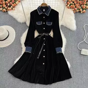 2022 весеннее высококачественное роскошное бархатное платье знаменитостей с лацканами золотого цвета, элегантное длинное платье S чёрный