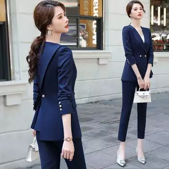 Весенние брючные костюмы из 2 предметов, повседневные рабочие пиджаки, женские офисные костюмы M чёрный