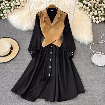 2022 весенний новый французский ретро-темперамент знаменитостей, искусственный жилет из двух предметов, сшитый костюм с высокой талией, воротник, большое распашное платье