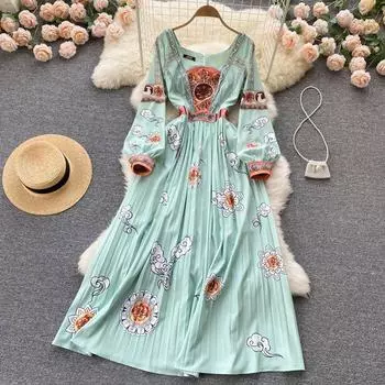 2022 весенний новый стиль с квадратным воротником в стиле ретро, зеленый принт, плиссированное темпераментное длинное модное женское платье