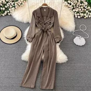 2022 весенняя корейская мода, тонкий комбинезон на шнуровке, широкие брюки с воротником, модный женский комбинезон, весна 2022