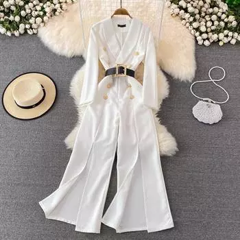 2022 весенняя мода, профессиональный темпераментный комбинезон с повязкой на талии, комбинезон с воротником, комбинезон с высокой талией и широкими штанинами