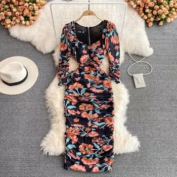 2022 весенняя мода женское сексуальное плиссированное платье с квадратным вырезом и трафаретным принтом, тонкое платье с запахом, длинное платье с высокой талией