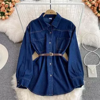2022 весенняя новая корейская джинсовая рубашка с воротником-поло, женский топ средней длины с застежкой на талии и ленивым ветром