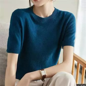 2022 весна-лето, модный простой пуловер, элегантный модный однотонный вязаный свитер с круглым вырезом, женские повседневные свободные топы с короткими рукавами M белый