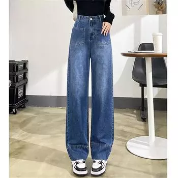 2022 весна-осень с высокой талией в корейском стиле, модная уличная одежда в стиле Харадзюку, винтажные свободные прямые джинсы для отдыха, женские уличные свободные джинсы S синий