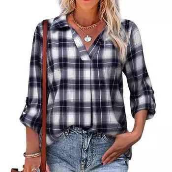 2022 весна осень свободная блузка с v-образным вырезом офисная женская хлопковая клетчатая рубашка с принтом для отдыха модная длинная рубашка пуловер с длинными рукавами S синий