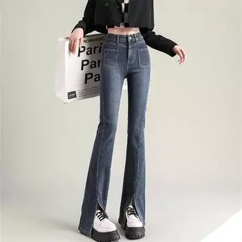2022 весна осень винтажные модные повседневные узкие эластичные джинсовые брюки с высокой талией женские расклешенные женские уличные брюки XS синий