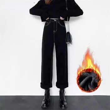 2022 винтажный корейский стиль, новые зимние флисовые теплые прямые мешковатые джинсы для отдыха с высокой талией для женщин, джинсовые брюки в стиле Харадзюку, уличная одежда XS чёрный