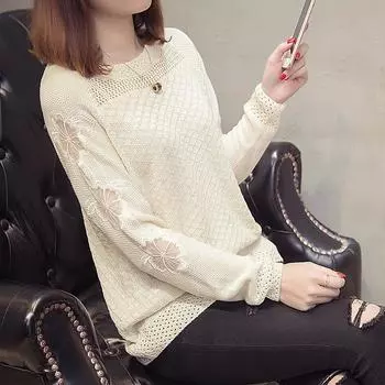 2022 вязаный свитер с длинными рукавами, весенний свитер, женский корейский свободный пуловер с круглым вырезом, рубашка с кружевным верхом и низом One Size розовый