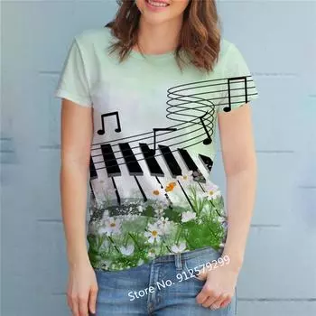 2022 женская модная футболка, повседневная футболка с короткими рукавами и 3d принтом «Музыкальные ноты», милая забавная футболка с цветочным принтом, топы с круглым вырезом