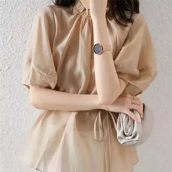 2022 женские летние повседневные модные тонкие шифоновые рубашки в корейском стиле, топ, женский однотонный пуловер, блузки, женские воротник-стойка S тёмно-синий