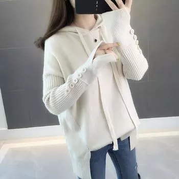 2022 женский свитер, весна и осень, новый свободный вязаный свитер с капюшоном, однотонный, с длинным рукавом One Size зелёный