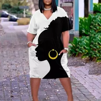 2022 женское летнее повседневное платье больших размеров с V-образным вырезом и короткими рукавами и карманами до колена M