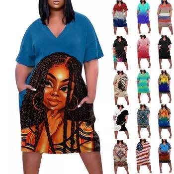 2022 женское летнее повседневное платье больших размеров с V-образным вырезом и короткими рукавами и карманами до колена XL чёрный