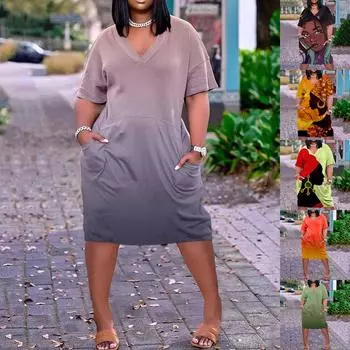 2022 женское летнее повседневное платье больших размеров с V-образным вырезом и короткими рукавами и карманами до колена L