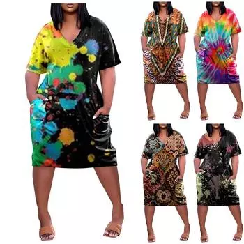 2022 женское летнее повседневное платье больших размеров с v-образным вырезом и коротким рукавом с карманом до колена в богемном стиле XL