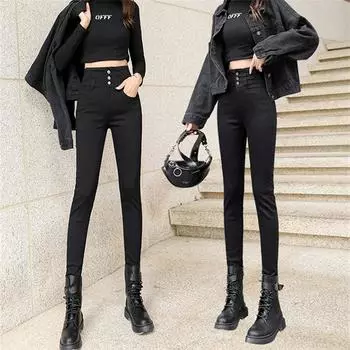 2022 зима-осень женские джинсы с высокой талией, джинсы для мамы, женские джинсы, женские джинсы, черные, серые 26 чёрный