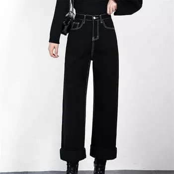 2022 зимние корейские флисовые утолщенные теплые уличные брюки с высокой талией, мешковатые джинсы, женские винтажные повседневные широкие брюки в стиле Харадзюку S чёрный