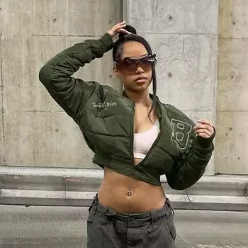 2022 зимние модные куртки для женщин, модные женские куртки на молнии с длинными рукавами и карманами, укороченный топ с вырезами, куртки, пальто женские S зелёный