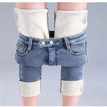 2022 зимние модные повседневные женские леггинсы с высокой талией, теплые женские брюки из овечьего флиса, джинсовые узкие эластичные джинсы в стиле ретро 25