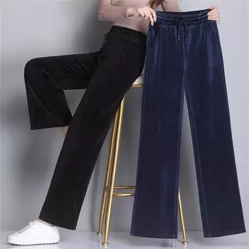 2022 зимние повседневные брюки полной длины, вельветовые широкие брюки, женские элегантные брюки с эластичной резинкой и высокой талией, уличная одежда на шнуровке S чёрный