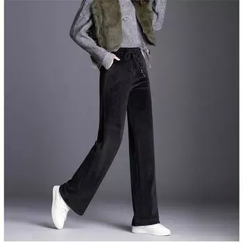 2022 зимние теплые толстые женские длинные бархатные брюки, английские свободные повседневные прямые широкие велюровые брюки, одежда, бархатные брюки S чёрный