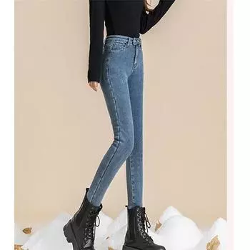 2022 зимние толстые брюки в корейском стиле, уличная одежда, модные теплые узкие джинсы для женщин, узкие брюки с высокой талией 25