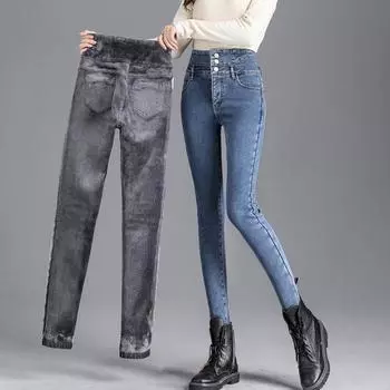 2022 зимние толстые теплые флисовые женские модные женские узкие джинсы с высокой талией, женские джинсовые брюки, джинсовые брюки для мамы 25 чёрный