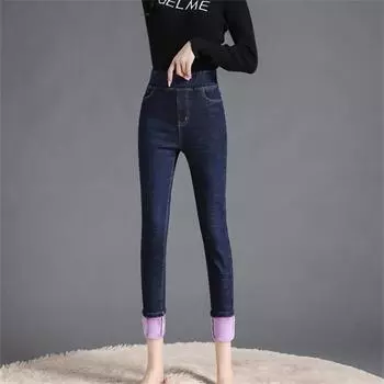 2022 зимние женские повседневные бархатные теплые утепленные брюки, эластичные джинсы с высокой эластичной резинкой на талии для женщин, узкие джинсовые брюки-карандаш 25