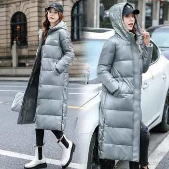 2022 зимняя новая женская блестящая длинная куртка выше колена с капюшоном, пуховая стеганая куртка M белый