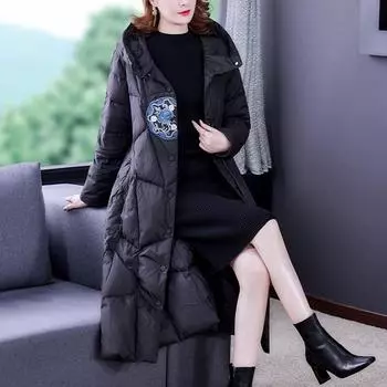 2022 зимняя женская черная длинная пуховая куртка с вышивкой и капюшоном, свободная теплая парка с цветочным принтом, пальто L чёрный