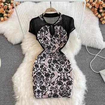 2022Летняя мода для похудения с круглым вырезом и улучшенным Cheongsam, маленькое обтягивающее короткое платье с запахом на бедрах, женское