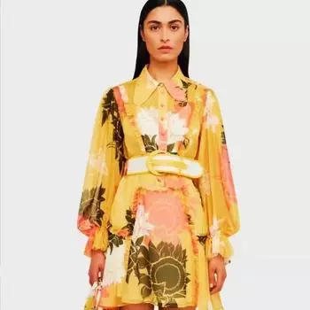 2023 Autumn Women s Lapel Lantern Sleeve Single-Breasted Belted Short Dress with Print and Ruffle Stitching S