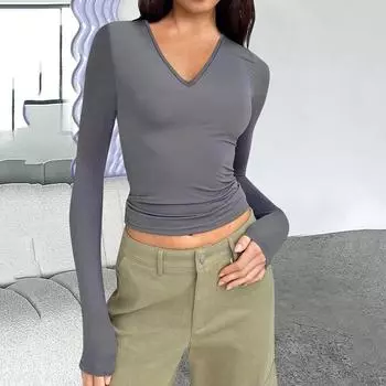 2023 базовые женские футболки с v-образным вырезом и длинными рукавами, повседневные облегающие модные простые футболки, элегантная футболка, женская одежда 30651 S чёрный