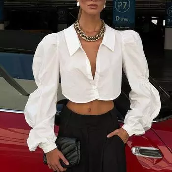 2023 Блузка из чистого хлопка, модная рубашка с длинными пышными рукавами, осенние женские короткие топы, однотонная свободная одежда Blusas 28681 S синий