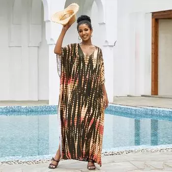 2023 богемное женское пляжное платье с принтом, купальный костюм, летняя туника для женщин, пляжная одежда, халат de plage, кафтан Q1218