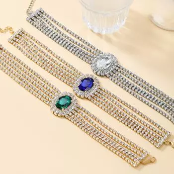 2023 Copper European & American Exaggerated Oval Glass Diamond Bridal Necklace for Women синий