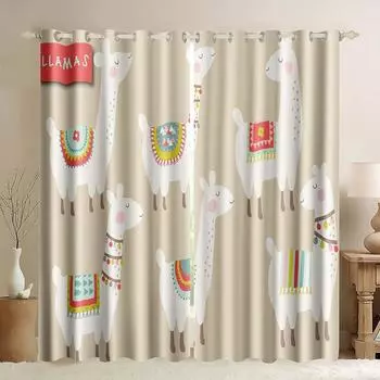 2023 Cute Llama Alpaca Sweet Funny Windows Curtains for Living Room Children Bedroom Window Treatment Kitchen Curtains 2 Pieces W50H60(CM)x2PCS&Hook