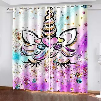 2023 Cute Unicorn 3D Rainbow Unicorn Blackout Curtains for Girls Bedroom 2 Panels Set Window Curtains for Living Room Drapes W50H130(CM)x2&Hook