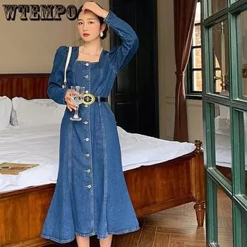 2023 Джинсовое платье с квадратным вырезом и рукавами в стиле ретро, женское весеннее шикарное джинсовое платье с длинным рукавом и высокой талией, однотонное джинсовое платье «рыбий хвост» S