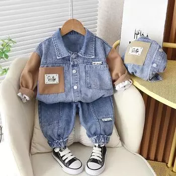 2023 Джинсовый костюм в корейском стиле для мальчиков: Красивый комплект из двух частей на осень/весну для малышей и детей постарше 120cm